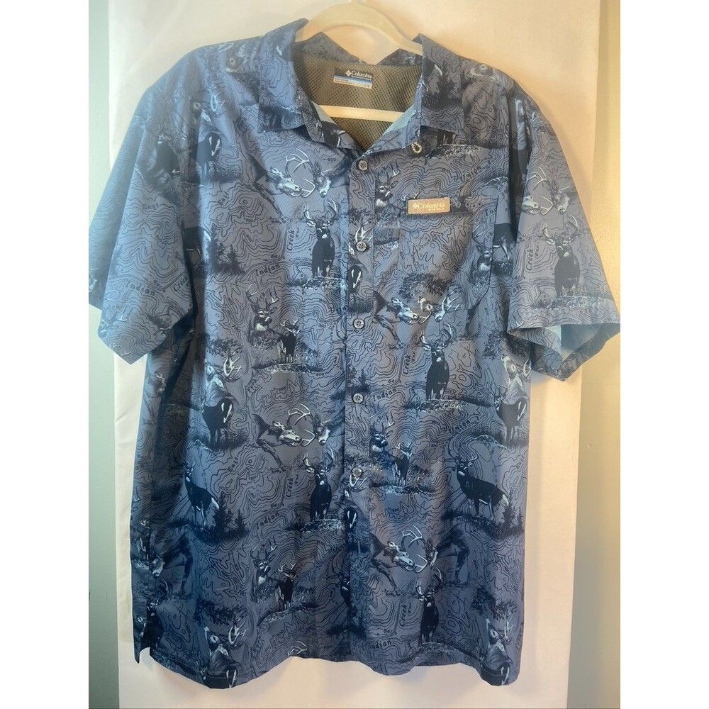 COLUMBIA MES LARGE BLUE PHG BUCKS PRINT VENTED BUTTON UP LONG SLEEVE SHIRT